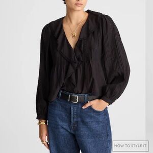 Lace-Insert Ruffled Pintuck Long-Sleeve Top